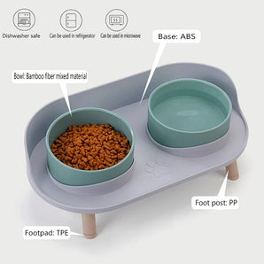 Cat Double Bowl Safety with Wood Stand and Silicone Mat Kitten Puppy Food Water Feeding Elevated Dish Dog Supplies Spill-Proof