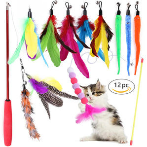 12Pcs/Bags Funny Cat Stick Set Feather Bell Replacement Fishing Head Fishing Rod Cat Toys Interactive Cat Toys for Cats