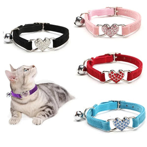 Heart Shape Cat Collar Safety Elastic Adjustable Collar With Bell Soft Velvet Cat Crystal Collar For Small Dog Kitten Puppy