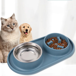 Pet Feeding Bowl Stainless Steel Bowl Silicone Base Anti-Wrestling Dog and Cat Slow Food Bowl to Prevent Pet Choking Feeder