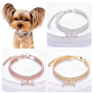 3 Rows Mixed Color Stretch Rhinestone Pet Collar Cat and Dog Jewelry Diamond Inlaid Pet Bone Dog Collar Accessories with Elastic