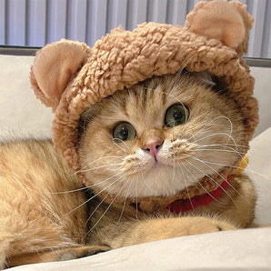 Pet Cat Headgear Knitted Hat Funny Bear Ears Hat Warm Short Plush Headdress Adjustable Birthday Dress Up Headdress Pet Supplies