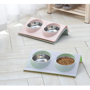 Stainless steel water bowl feeder solution dog and cat supplies double bowl pet dog and cat feeding table