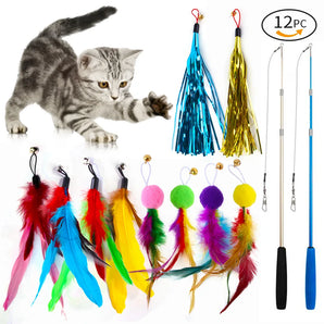 Three-section Fishing Rod Tassel Hair Ball Funny Cat 12-piece Set of Color Feather Replacement Head Cat Toys Interactive