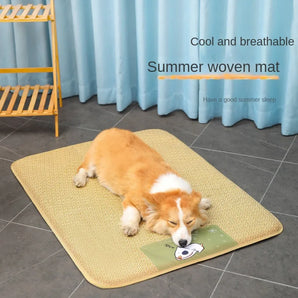 Dog Mat Cooling Summer Pad Moisture Resistant Mat Cooler Rattan Blanket Woven Washable Breathable Bed For Small Medium Large Dog