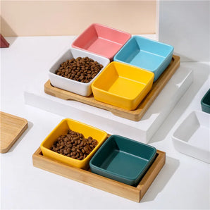 Cat Puppy Square Ceramic Bowl With Wood Stand And Dish Sturdy Durable Small Pet Feeder Multiple Color Accessories Supplies