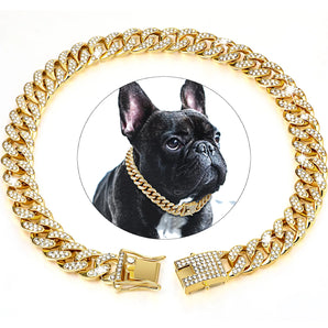 Pet Dog Collar Cat Cuban Chain Diamond Walking Metal Chain Collar with Design Secure Buckle Jewelry Accessories Cuban Collar