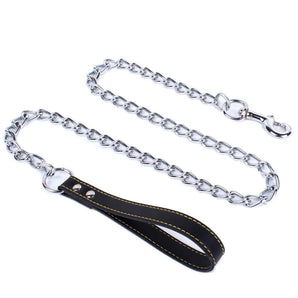 120cm Heavy Duty Anti-bite Dog Giant Chain Leash with Leather Handle Chain Dog Leash Durable Metal Chew Proof Dog Training Leash