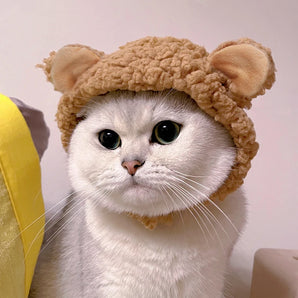 Pet Cat Headgear Knitted Hat Funny Bear Ears Hat Warm Short Plush Headdress Adjustable Birthday Dress Up Headdress Pet Supplies